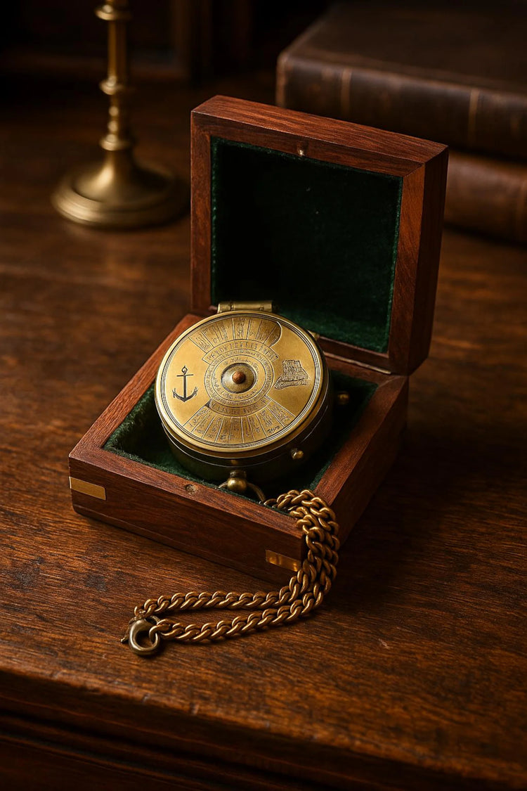 Brass Pocket Calendar Compass with Engraved Wooden Box – Nautical Gift