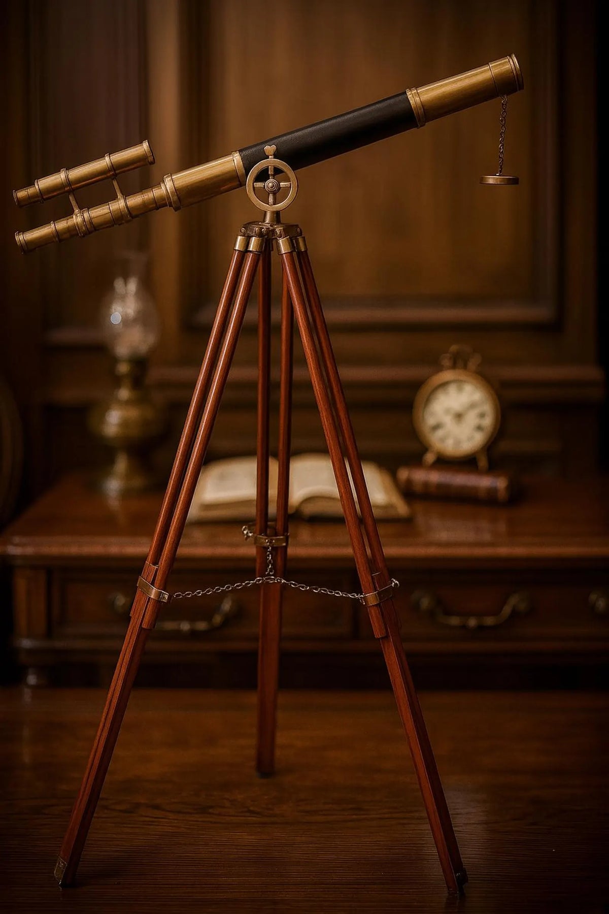 Double-Barrel Brass Telescope with Wooden Tripod – Nautical Decor & Collector Gift