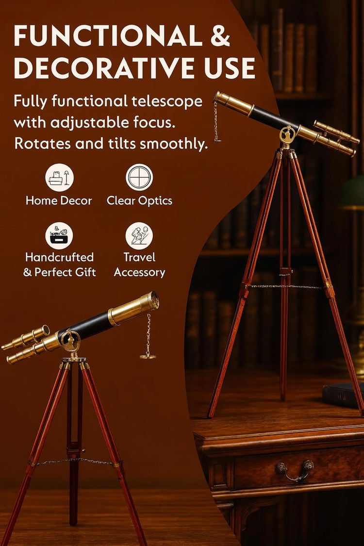 Double-Barrel Brass Telescope with Wooden Tripod – Nautical Decor & Collector Gift