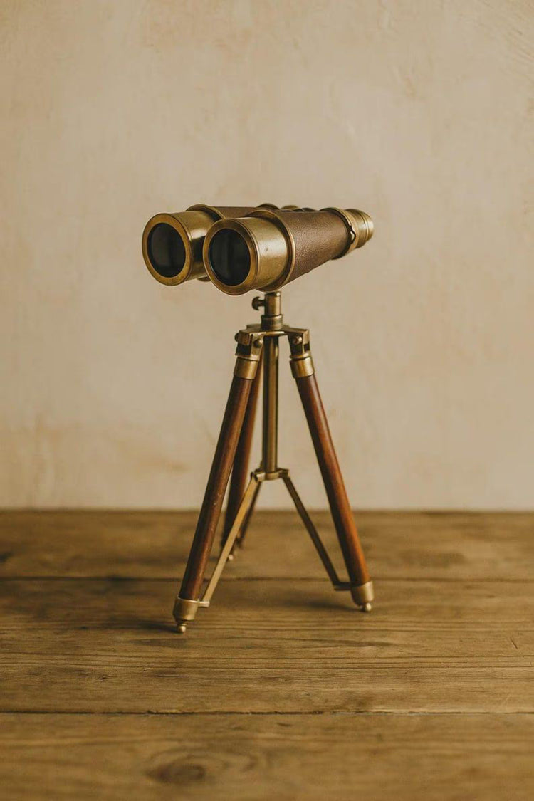 Vintage Brass Binoculars on Wooden Tripod – Nautical Desk Decor